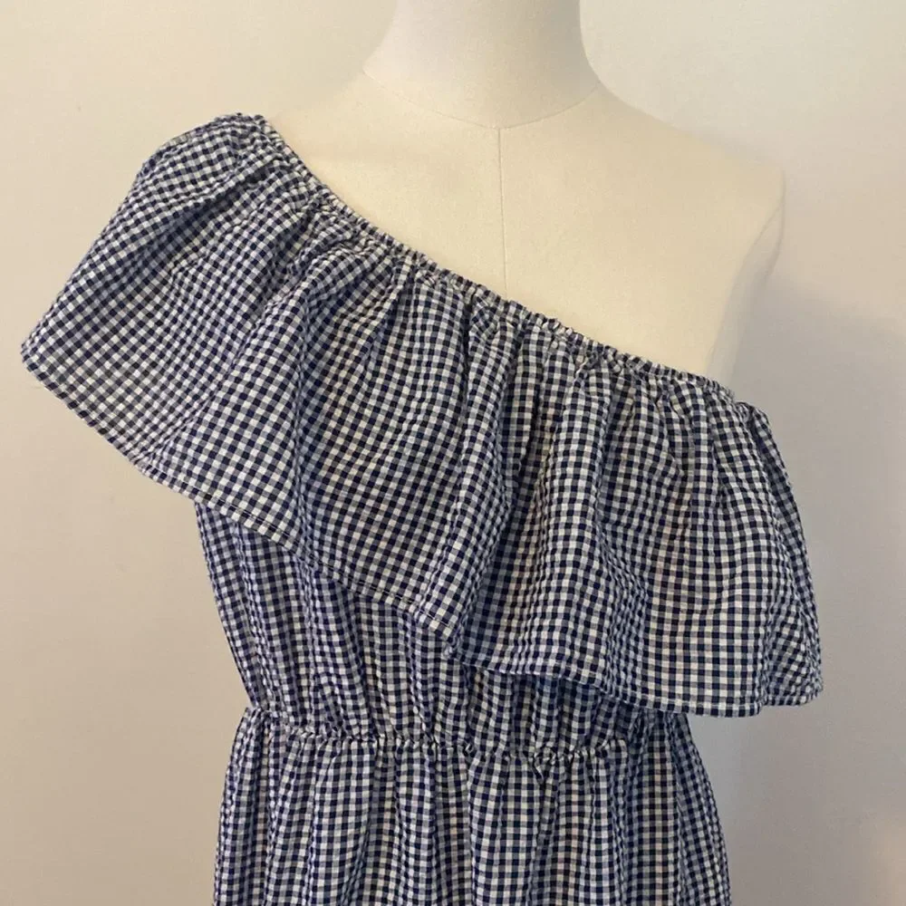 MINKPINK Wanderer Blue & White Gingham One-Shoulder Ruffle Dress Size Medium - Picture 3 of 8